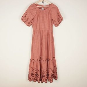 NEW Madewell Embroidered Bubble Sleeve Red Checker Print Midi Dress Womens Sz 8